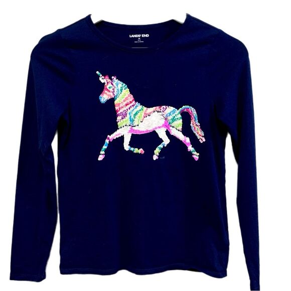 LANDS END T-Shirt Girls Medium Black Crew  Long Sleeve Colorful Sequin Unicorn. - Picture 1 of 9